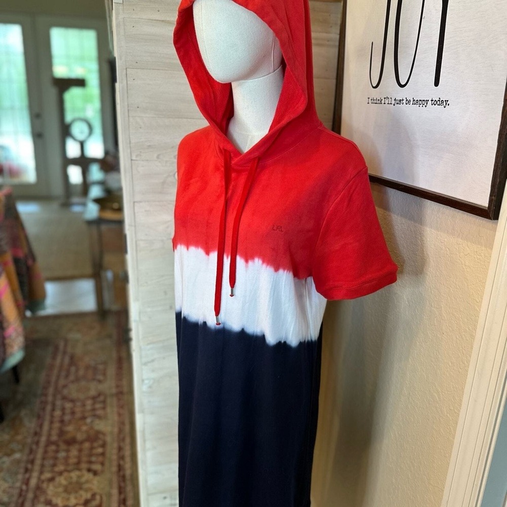 Lauren Ralph Lauren Hoodie Dress NWOT SZ LGE Red White Navy Blue Tie Dye Sporty - Picture 6 of 16